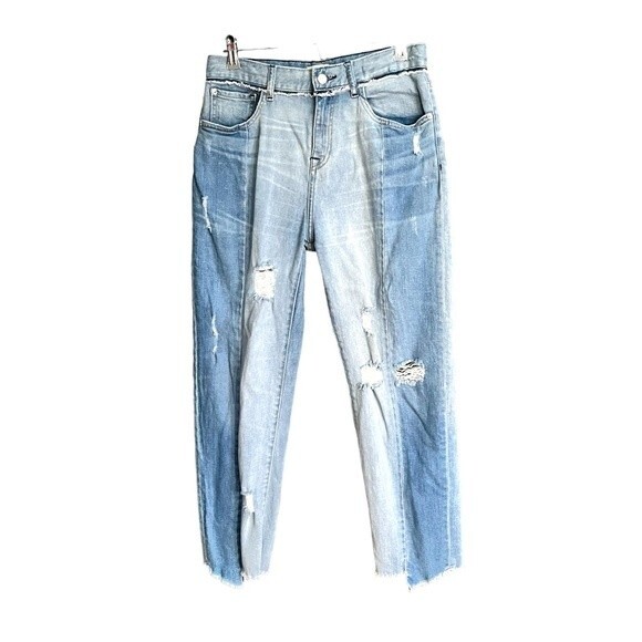 M1858 Frida Jeans Contrast Panel High Rise Straight Leg Denim Size 8 Distressed - Picture 2 of 8